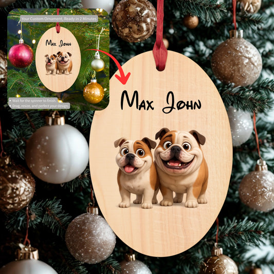 Custom wooden Christmas ornament featuring two cartoon bulldogs with Max John text on decorated tree