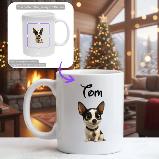 White custom mug with cartoon dog and name Tom, cozy living room with Christmas tree and fireplace
